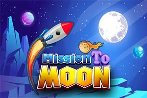 Raketti lentää avaruudessa kohti kuuta, taustalla näkyy tähtitaivas ja planeettoja, edessä teksti Mission To Moon