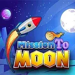 Raketti lentää avaruudessa kohti kuuta, taustalla näkyy tähtitaivas ja planeettoja, edessä teksti Mission To Moon