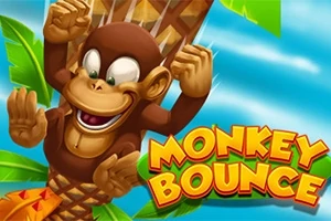 Apina hyppii palmuissa sinistä taivasta vasten, ja edessä on teksti MONKEY BOUNCE