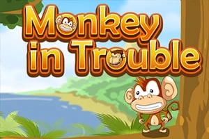 Piirrosmaisema, jossa veikeä apina seisoo meren äärellä viidakon reunalla, ja taustalla näkyy teksti Monkey in Trouble