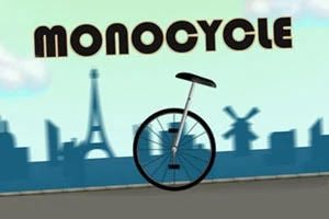 Yksipyöräinen siluetti kaupungin taustalla, jossa on näkyvissä Eiffel-torni ja tuulimylly, ja yläpuolella teksti Monocycle