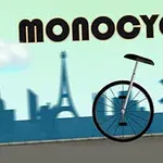 Yksipyöräinen siluetti kaupungin taustalla, jossa on näkyvissä Eiffel-torni ja tuulimylly, ja yläpuolella teksti Monocycle