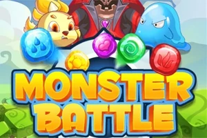 Värikäs kuva, jossa on sarjakuvamaisia hirviöitä ja erivärisiä jalokiviä sanan Monster Battle yläpuolella