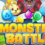 Värikäs kuva, jossa on sarjakuvamaisia hirviöitä ja erivärisiä jalokiviä sanan Monster Battle yläpuolella