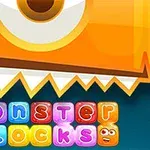 Yksisilmäinen oranssi hirviö näyttää hampaitaan yläosassa, ja alapuolella on värikkäitä, kasvokkeilla varustettuja lohkoja, joissa lukee monster blocks