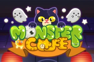 Lähikuvassa on värikäs, sarjakuvamainen kuva mustasta kissasta, haamuista ja vihreistä kirjaimista, joissa lukee Monster Cafe, kahden punaisen lyhdyn välissä