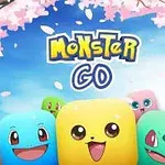 Värikkäitä, hymyileviä piirroshahmoja sinisellä taustalla, yläosassa teksti MONSTER GO ja vaaleanpunaisia kirsikankukkia