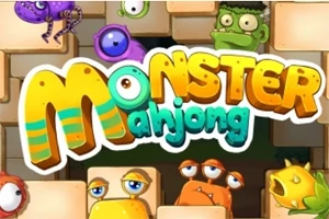 Värikkäitä ja ilmeikkäitä hirviöitä sekä Monster Mahjong -teksti beigejä tiililaattoja vasten