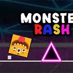 Värikäs animaatio, jossa on neliön muotoinen hahmo, pinkki kolmio ja keltainen tähti tummalla taustalla; yläosassa teksti Monster Rash