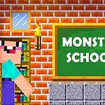 Animoidut hahmot tiiliseinäluokassa, jossa on liitutaulu tekstillä MONSTER SCHOOL