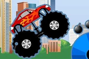 Punainen liekkikoristeltu monsteriauto hyppää ilmassa taustallaan kaupungin siluetti
