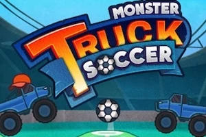Kaksi sinistä monsteriautoa kentällä keskellä jalkapallo ja värikäs teksti yläosassa