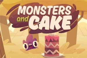 Värikäs piirros taustalla, jossa on violetti hirviö ja punainen kerroskakku, sekä teksti Monsters and Cake