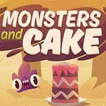 Värikäs piirros taustalla, jossa on violetti hirviö ja punainen kerroskakku, sekä teksti Monsters and Cake
