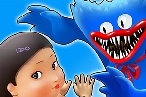 Animoitu hahmo, jolla on sininen turkki ja terävät hampaat, uhkaa toista hahmoa sinisellä taustalla