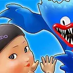Animoitu hahmo, jolla on sininen turkki ja terävät hampaat, uhkaa toista hahmoa sinisellä taustalla