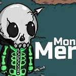 Pääkallopäinen hahmo vihreässä asussa nuolilla, vieressä teksti Monsters Merge