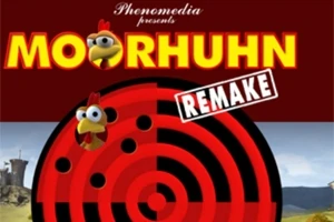 Kuva esittää punaista maalitaulua, jossa on kanahahmo ja teksti Moorhuhn Remake