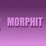 Vaaleanpuna-violetti kuutio, jossa on kasvot, ja sana MORPHIT violetilla taustalla