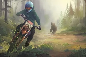 Moottoripyöräilijä ajaa metsäpolulla, kun karhu seuraa taustalla