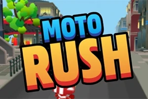 Värikäs grafiikka, jossa keskiössä sanat MOTO RUSH, taustalla piirretty kaupunkimaisema