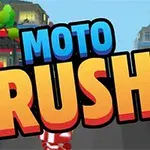 Värikäs grafiikka, jossa keskiössä sanat MOTO RUSH, taustalla piirretty kaupunkimaisema
