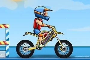 Animoitu hahmo ajaa motocross-pyörällä kirkkaalla päivällä