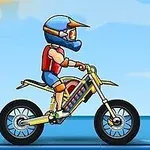Animoitu hahmo ajaa motocross-pyörällä kirkkaalla päivällä