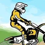 Piirroskuva motocrosskuski keltaisessa asussa ajamassa moottoripyörää