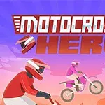 Moottoripyöräilijät kilpailevat motocross-ajoissa värikkäällä taustalla, jossa lukee Motocross Hero
