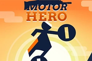 Graafinen kuva oranssilla taustalla, jossa siluetti henkilöstä yksipyöräisellä kuljettimella ja teksti MOTOR HERO