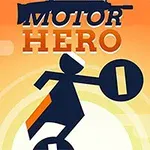 Graafinen kuva oranssilla taustalla, jossa siluetti henkilöstä yksipyöräisellä kuljettimella ja teksti MOTOR HERO