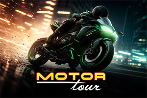 Neonvihreällä valolla varustettu moottoripyörä kiitää yöllä kipinöiden ja valojuovien keskellä, alareunassa teksti MOTOR tour