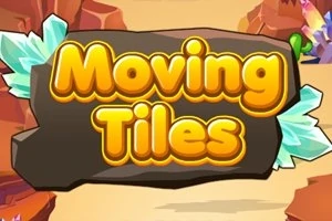 Keltainen Moving Tiles -teksti on näkyvillä ruskealla taustalla, jota ympäröivät vehreät kasvit ja punertavat kalliot