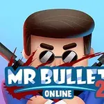 Piirretty hahmo, jolla on aurinkolasit ja kaksi asetta ristissä taustalla veriroiskeiden kanssa sekä teksti MR BULLET 2 ONLINE etualalla