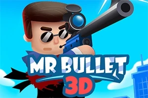Animaatiohahmo aurinkolaseissa pitelee suurta kivääriä sinistä taivasta vasten, ja edessä on teksti MR BULLET 3D