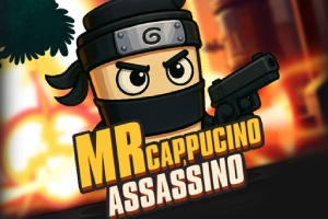 Sarjakuvamainen hahmo ninja-asussa pitelee asetta, taustalla liekkejä ja teksti “Mr Cappucino Assassino”
