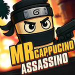 Sarjakuvamainen hahmo ninja-asussa pitelee asetta, taustalla liekkejä ja teksti “Mr Cappucino Assassino”