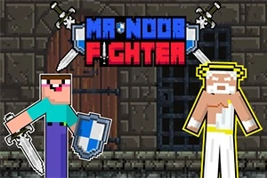 Kaksi pikselihahmoa miekkojen ja kilpien kanssa tummassa taustassa, yläpuolella teksti Mr Noob Fighter