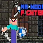 Kaksi pikselihahmoa miekkojen ja kilpien kanssa tummassa taustassa, yläpuolella teksti Mr Noob Fighter