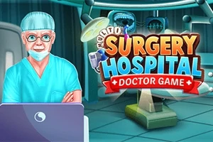 Kirurgi vanhempi mies sairaalavaatteissa ja teksti Surgery Hospital Doctor Game leikkaussalin taustalla