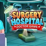 Kirurgi vanhempi mies sairaalavaatteissa ja teksti Surgery Hospital Doctor Game leikkaussalin taustalla