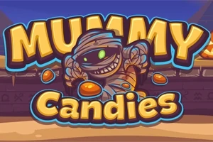Muumiokarkkeja logo, jossa on piirretty muumio ja värikkäitä karkkeja