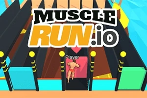 Mieshahmo juoksee värikkäässä esteessä kohti punaista ovea pelimäisessä ympäristössä; ylhäällä lukee teksti Muscle Run