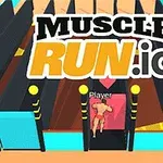 Mieshahmo juoksee värikkäässä esteessä kohti punaista ovea pelimäisessä ympäristössä; ylhäällä lukee teksti Muscle Run