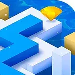 Sinisellä taustalla on valkoisia ja sinisiä 3D-tyylisiä polkuja, joiden vieressä on kultainen jalokivi