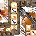 Mahjong-pelilaattoja, joissa on musiikki-instrumentteja, nuotteja ja jousisoitin taustalla