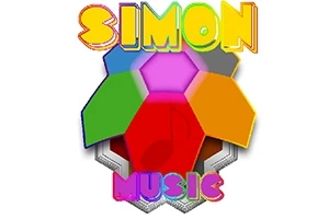 Monivärisiä kuvioita, joissa ylhäällä teksti SIMON ja alhaalla MUSIC