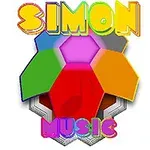 Monivärisiä kuvioita, joissa ylhäällä teksti SIMON ja alhaalla MUSIC