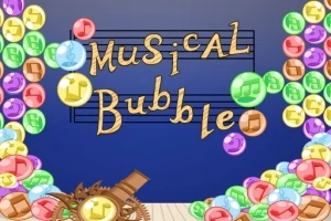 Monivärisiä sointusymboleilla varustettuja kuplia musiikkiteemaisella taustalla kirjainten ympäröimänä